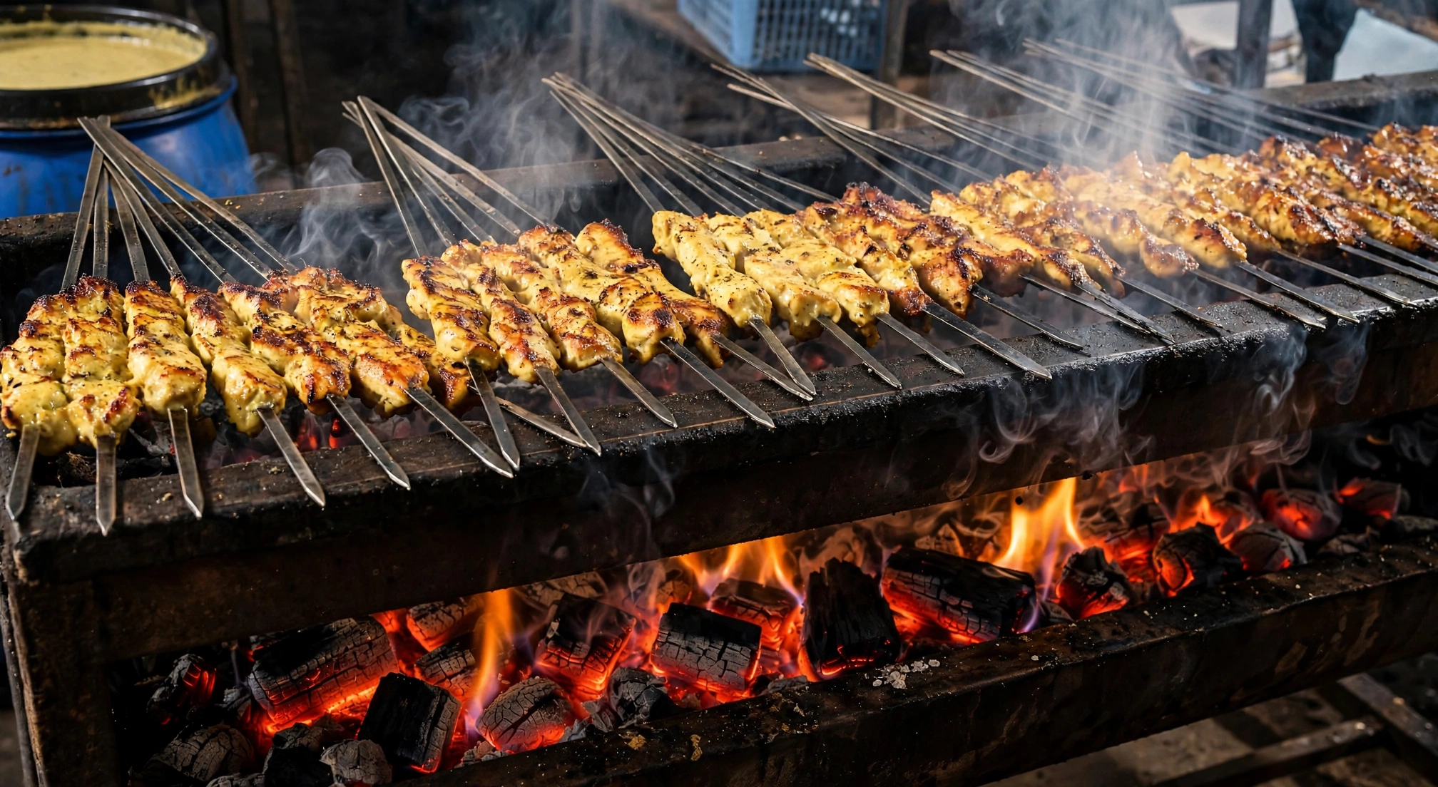 Chicken malai tikka seekh — creamy minced chicken skewers over charcoal